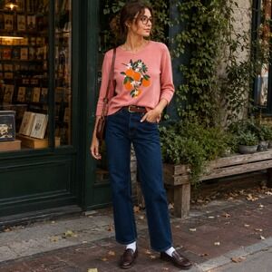 Talbots Women's Small Coral Pink Orange Citrus Intarsia 3/4 Sleeve Sweater